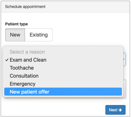 New Patient Offer booking screenshot